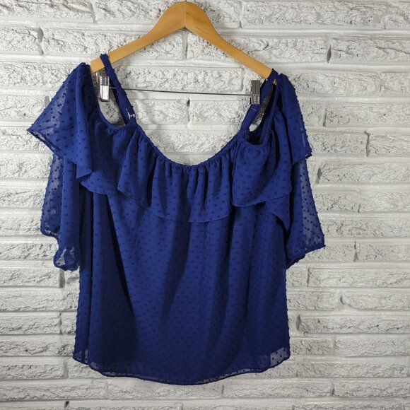 Boutique Womens Top 1X Plus Spaghetti Cold Shoulder Blue Swiss Dot BLU193E - Picture 6 of 9